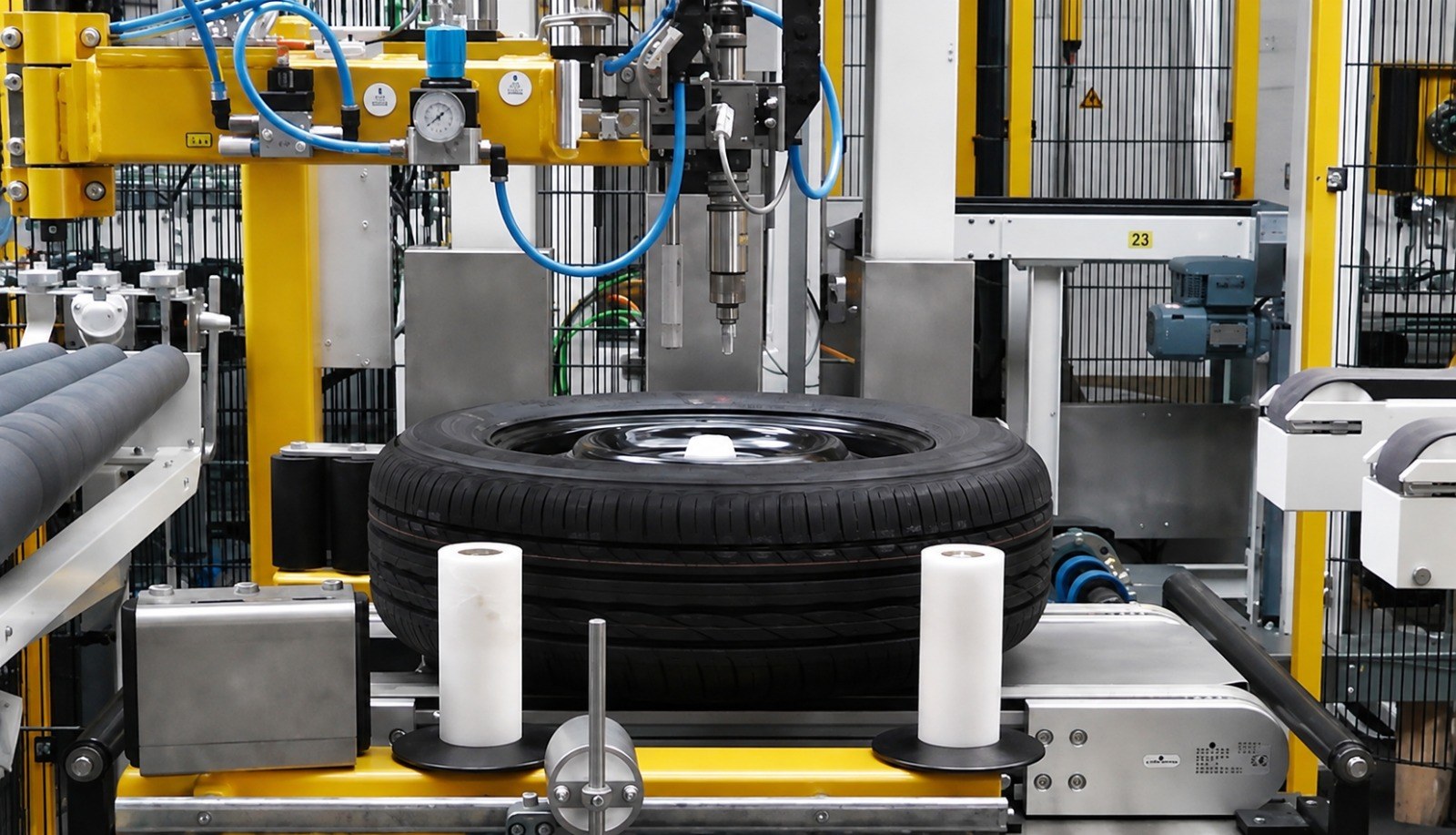 Automated wheel and tyre sub-module assembly line at the WXP Autohaus manufacturing facility